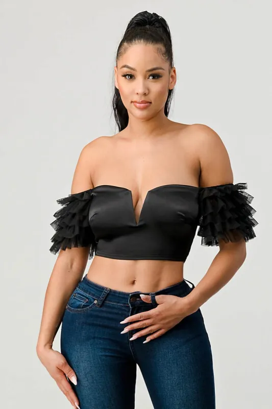 LUX STRETCH SATIN OFF SHOULDER RUFFLED CROPPED TOP sold by privy