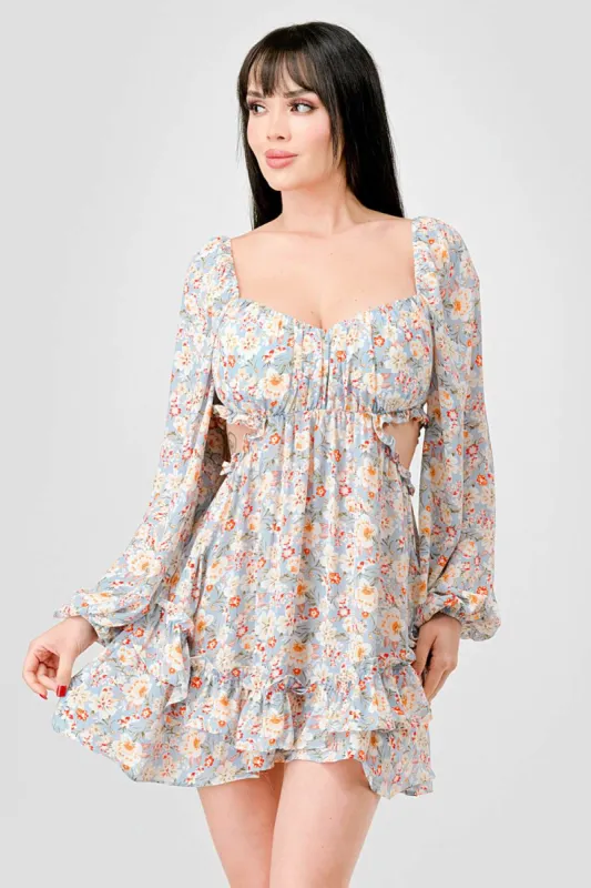 PD75998N-W / FLORAL SWEETHEART RUFFLED PEASANT MINI DRESS sold by privy