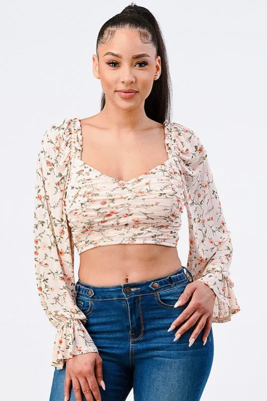 FLORAL SWEETHEART RUCHED RUFFLED SLEEVES CROP TOP sold by privy