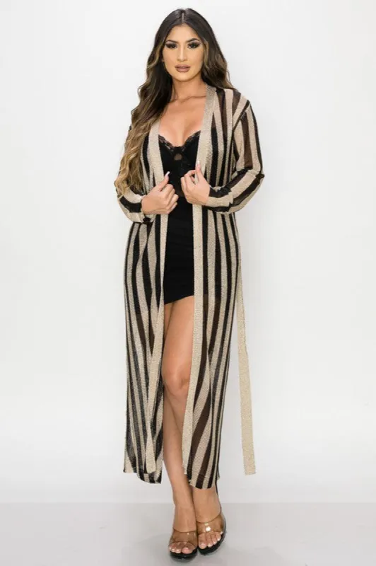 METALLIC STRIPE WAIST-TIE LONG COVER-UP CARDIGAN sold by privy