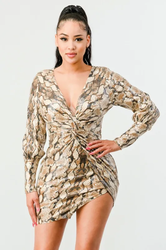SEXY SNECK PYTHON TWIST FRONT DEEP-V MINI DRESS sold by privy
