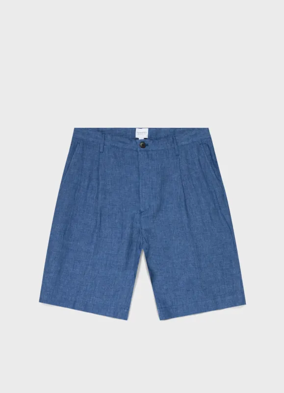 Men's Pleated Linen Short in Blue Melange sold by Sunspel