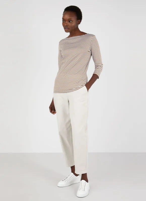 Women's Boat Neck T-shirt in Dark Tan/White English Stripe sold by Sunspel