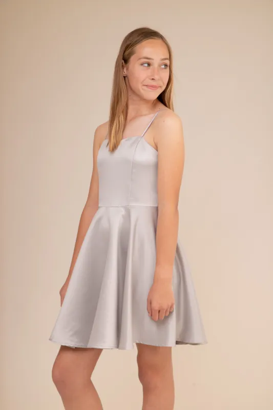 Fit and Flare Silver Satin Party Dress in Longer Length sold by Un Deux Trois