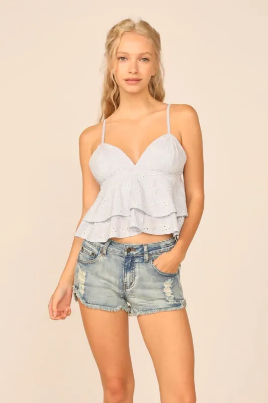 VH x OD - Chambray Blue W/ Ivory Eyelet Ruffle Tank Top sold by Vintage Havana