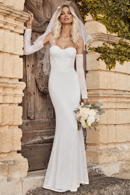 Aniyah | White Lace Bandeau Neckline Corset Fishtail Maxi Dress With Sheer Sleeves sold by Club L London