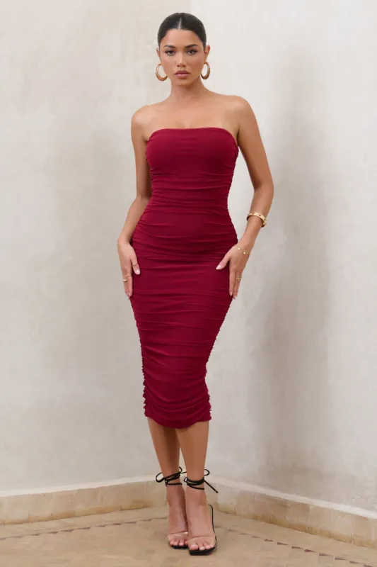 My Girl | Burgundy Bandeau Bodycon Ruched Mesh Midi Dress sold by Club L London
