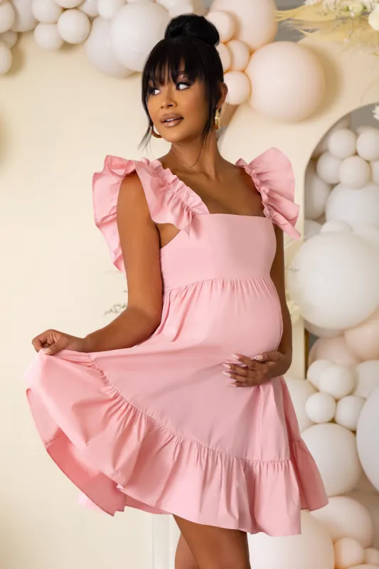 Dolly Daze | Pink Maternity Ruffle Sleeve Babydoll Mini