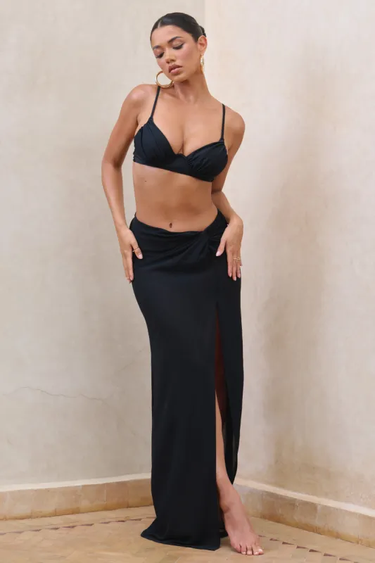 Salt Breeze | Black High-Waisted Twisted Chiffon Maxi Skirt sold by Club L London