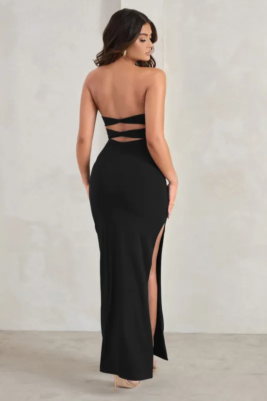 Manon | Black Sweetheart Bandeau Maxi Dress With Thigh Split sold by Club L London