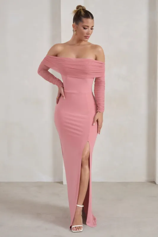 On Your Mind | Powder Pink Mesh Long Sleeve Maxi Dress sold by Club L London