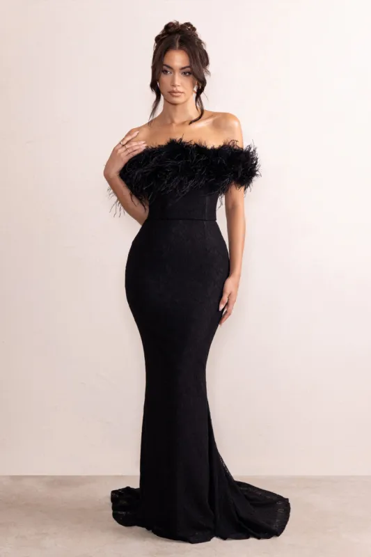 Idyll | Black Lace Bardot Feather Fishtail Maxi Dress sold by Club L London