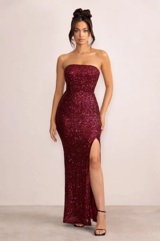 Almira | Berry Sequin Bandeau Maxi Dress With Split Hem sold by Club L London