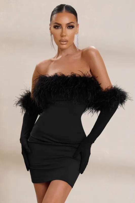 Stop The Show | Black Feather Trim Bandeau Mini Dress sold by Club L London