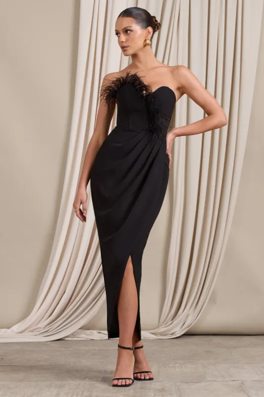 High Class | Black Bandeau Thigh Split Maxi Dress With Feather Trim sold by Club L London