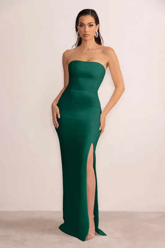 Belle of The Ball | Bottle Green Bandeau Maxi Dress With Split Hem sold by Club L London