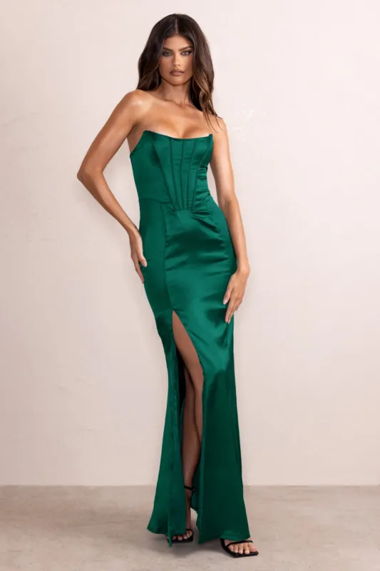 Sensual Notes | Bottle Green Satin Strapless Corset Thigh Split Fishtail Maxi Dress sold by Club L London