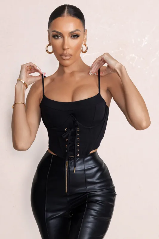 Twilight | Black Scoop Neck Lace Up Corset Crop Top sold by Club L London