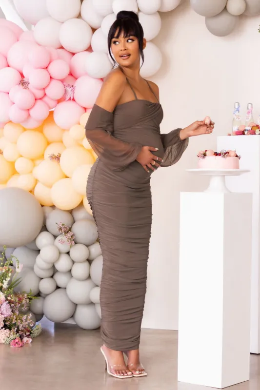 Announcement | Mocha Maternity Bardot Ruched Maxi Dress sold by Club L London