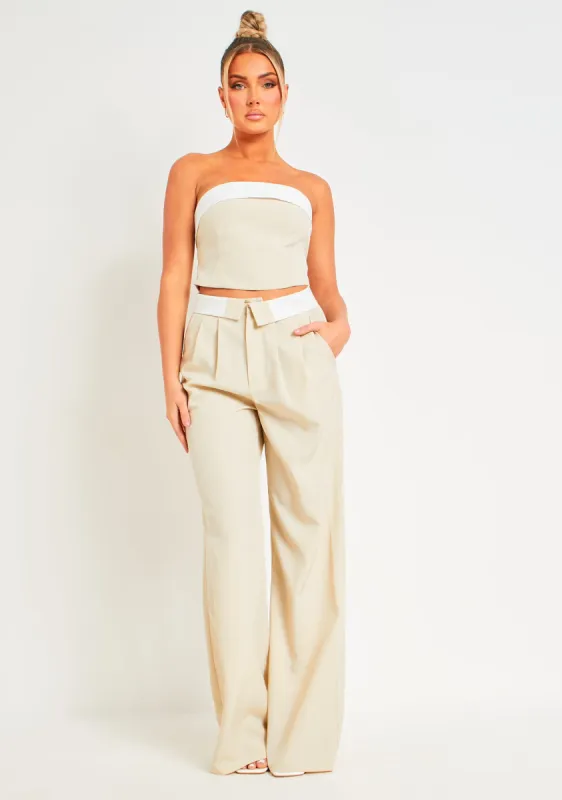 Gracie Beige Fold Over Waist Wide Leg Trousers sold by Missy Empire