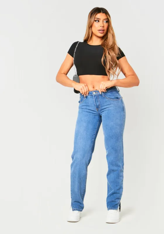 Daniella Mid Wash Blue Denim Low Rise Split Hem Jean sold by Missy Empire