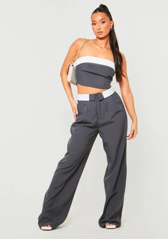 Gracie Charcoal Fold Over Waist Wide Leg Trousers sold by Missy Empire