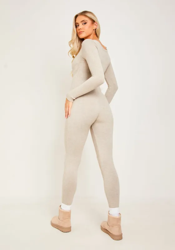 Savannah Oatmeal Knitted Long Sleeve Jumpsuit sold by Missy Empire