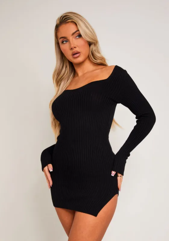 Carrie Black Knit Sweetheart Neckline Mini Dress sold by Missy Empire