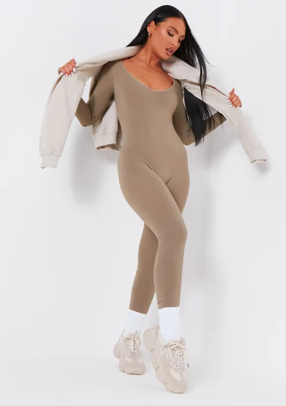 Eli Olive Plunge Ribbed Seamless Long Sleeve Jumpsuit sold by Missy Empire