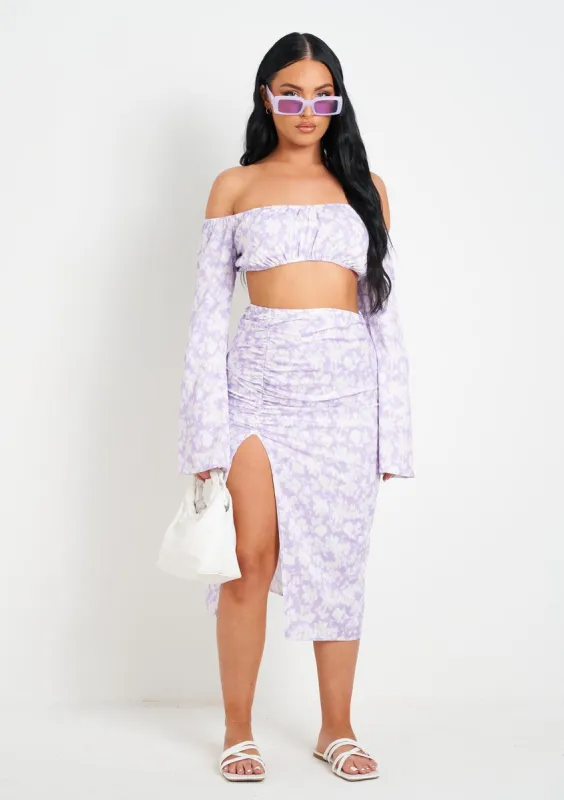 Sienna Lilac Floral Print Midi Skirt With Slit sold by Missy Empire