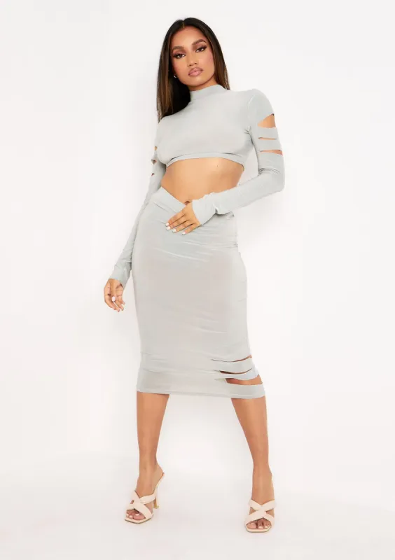 Ada Sage Side Cut Out Midi Skirt sold by Missy Empire