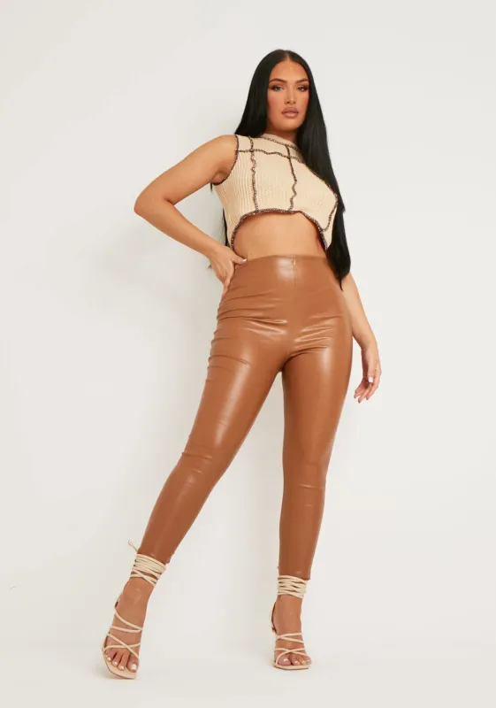 Chloe Camel Croc Print High Waisted Vegan Leather Leggings sold by Missy Empire
