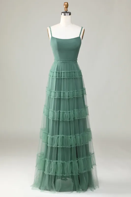 Eucalyptus A Line Spaghetti Straps Tulle Bridesmaid Dress sold by Zapaka