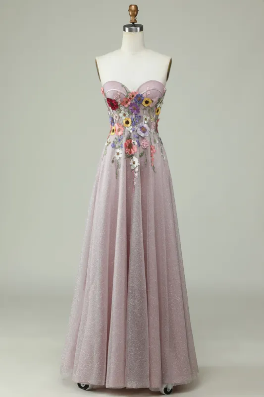 Strapless A Line Prom Dress with 3D Flowers sold by Zapaka