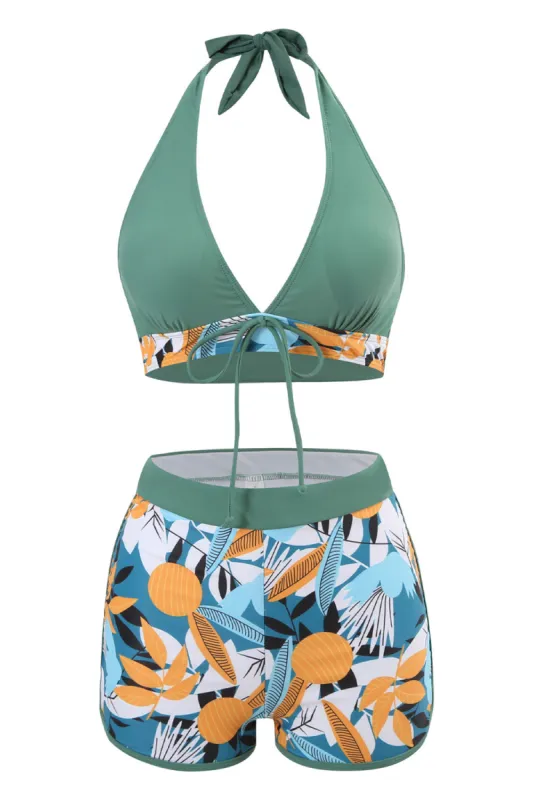 Two Piece Printed Green Halter Neck High Waist Swimwear sold by Zapaka