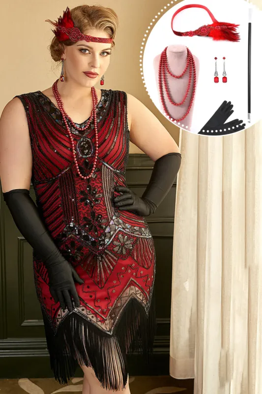 Red Plus Size 1920s Gatsby Dress with 20s Acessories Set sold by Zapaka