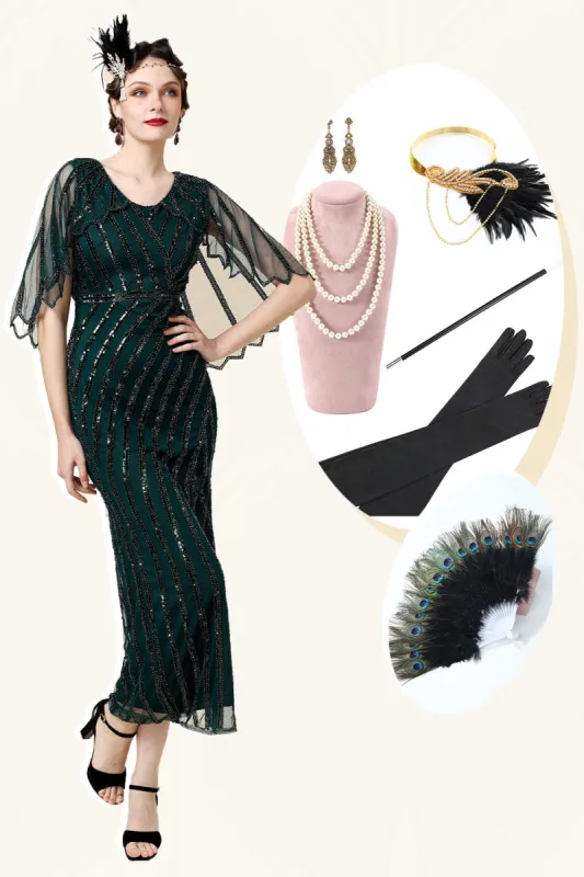 Beaded Glitter Green Flapper Dress with 1920s Accessories Set sold by Zapaka