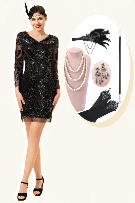 Black Sequined Long Sleeves 1920s Gatsby Flapper Party Dress with 20s Accessories Set sold by Zapaka