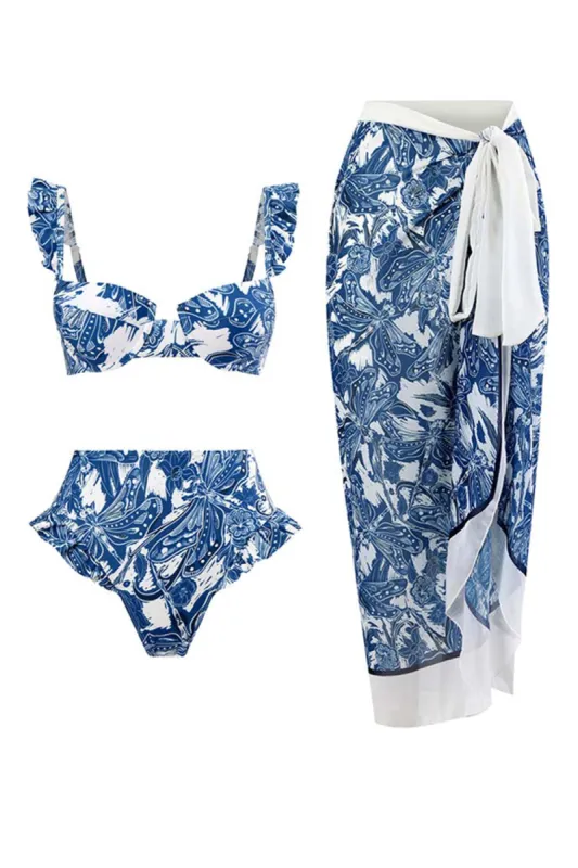3 Piece Blue Printed Bikini Set Tie Beach Dress sold by Zapaka
