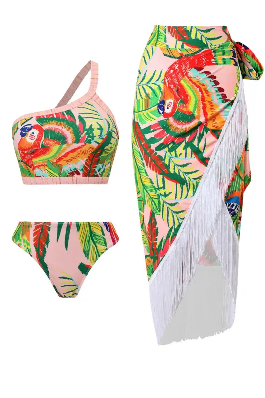 Orange 3 Piece Printed Bikini Set with Tassel Beach Dress sold by Zapaka