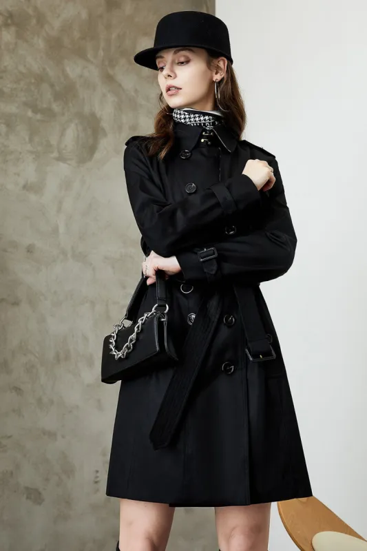 Black Double Breasted Lapel Long Trench Coat with Belt sold by Zapaka