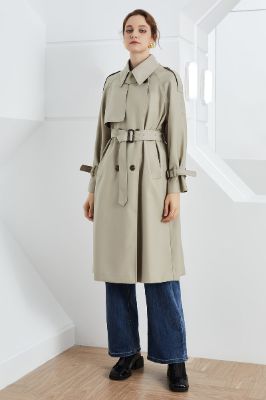 Grey Lapel Double Breasted Fitted Trench Coat with Belt sold by Zapaka