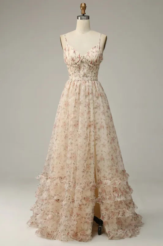 Apricot A Line Print Prom Dress with Slit sold by Zapaka