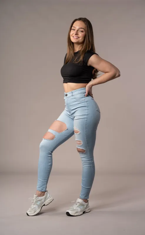 Womens Regular Super Ripped High Waisted Fitjeans - Vintage Blue sold by Fit Jeans