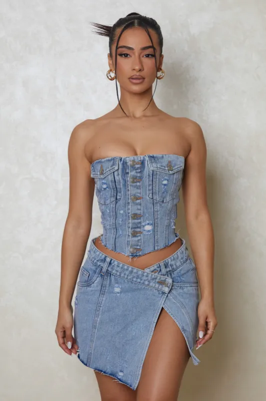 The Denim asymmetric skirt- Dark wash sold by MARS THE LABEL