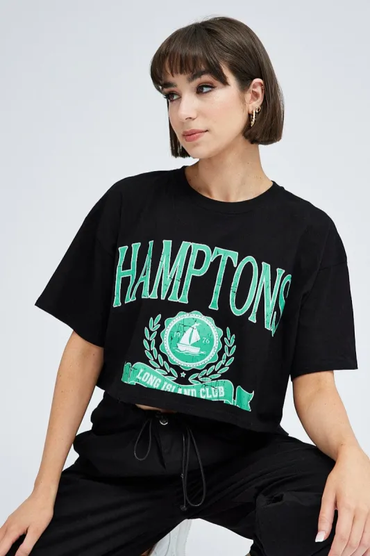Black Graphic Crop T Shirt Short Sleeve Crew Neck sold by Ally Fashion