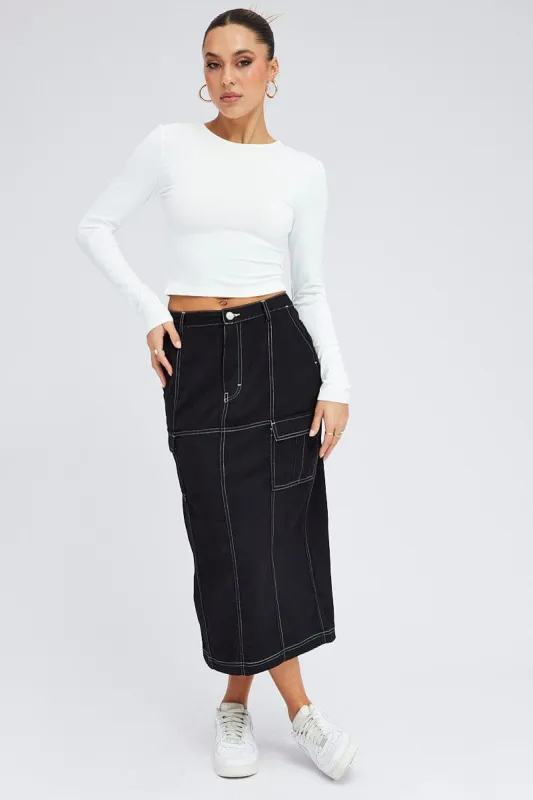 Black Cargo Skirt Mid Rise Contrast Detail Utility sold by Ally Fashion