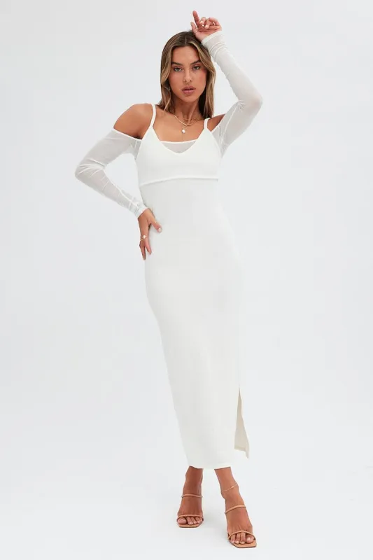 White Maxi Dress Long Sleeve Cold Shoulder Mesh Textured sold by Ally Fashion