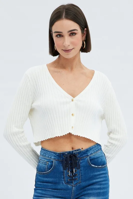 White Knit Cardigan Long Sleeve Relaxed V-Neck sold by Ally Fashion