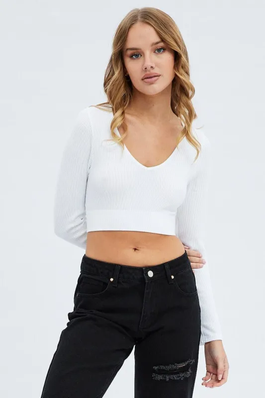 White Top Long sleeve V neck Seamless sold by Ally Fashion